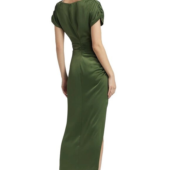 Lela Rose Heather Crepe Satin Ruched Dress Gown Forest Green - Picture 3 of 14